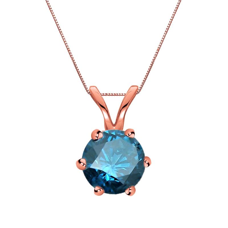 Auriya 14k Gold 1ctw Round Solitaire Blue Diamond Necklace 6-Prong (SI2-SI3) - Rose