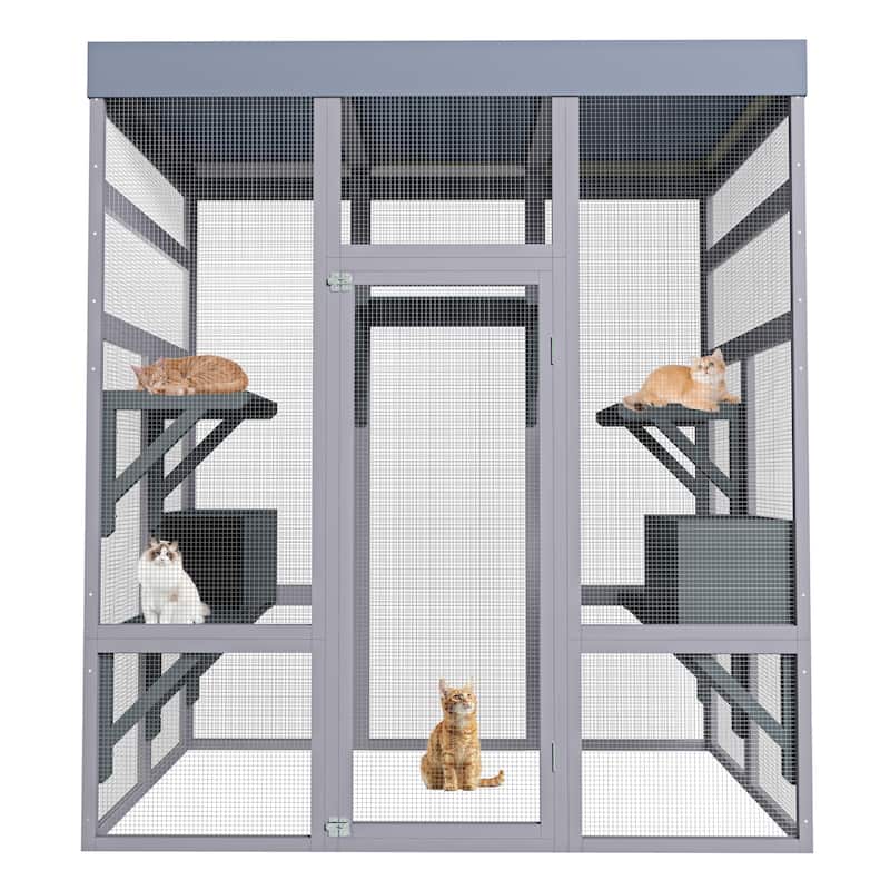 Large Outdoor Cat House, Cat Shelter Enclosure with Waterproof Roof, 2 Napping House & Platforms, Pet Cage for Patio or Backyard - Gray