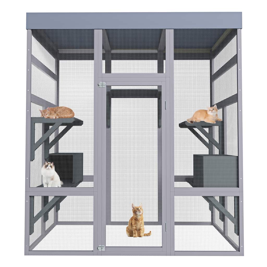 Large Outdoor Cat House, Cat Shelter Enclosure with Waterproof Roof, 2 Napping House & Platforms, Pet Cage for Patio or Backyard
