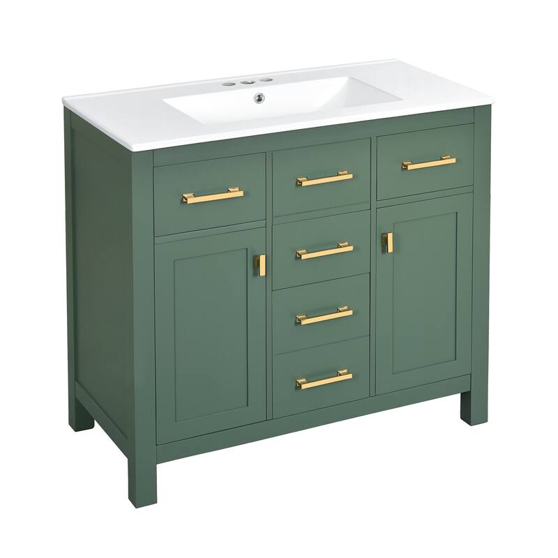 36'' Storage Cabinet for Bathroom Vanity with Ceramic Sink, 4 Drawers, 2 Cabinets and Gold Metal Handles, Freestanding Cabinet