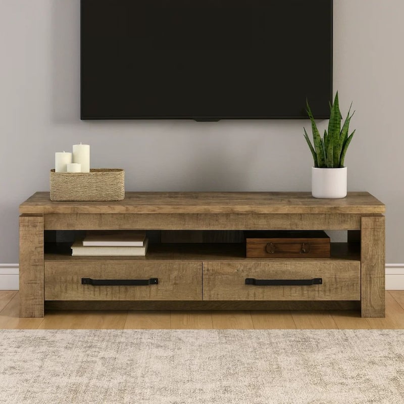 59 Inch TV Media Entertainment Console with 2 Drawers, Warm Wood Brown
