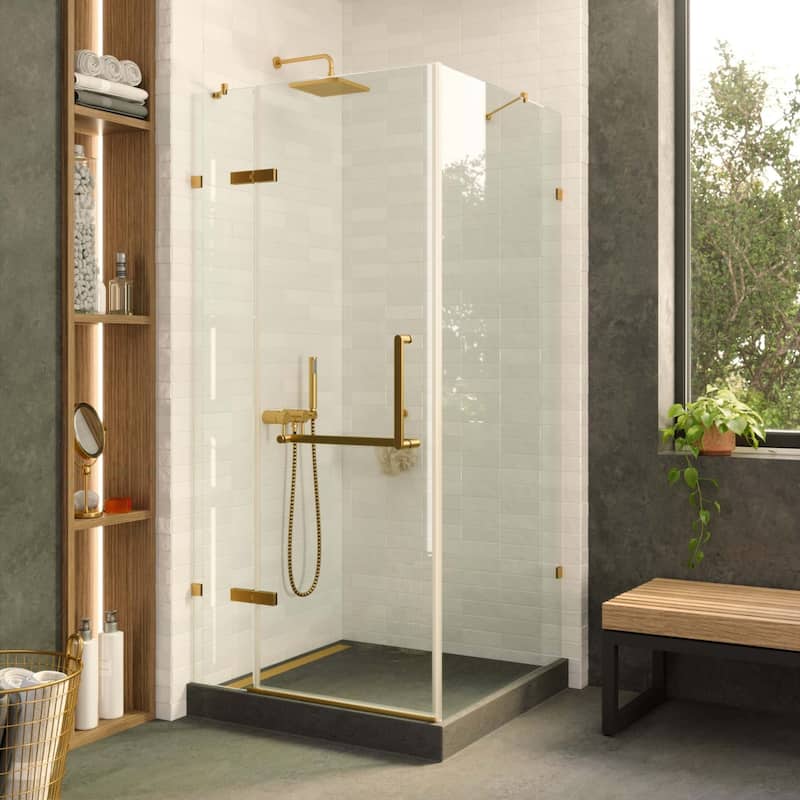 Fine Fixtures Frameless Shower Enclosure Hinged Glass Shower Door - Tempered Glass - 42 Inch - Satin Brass