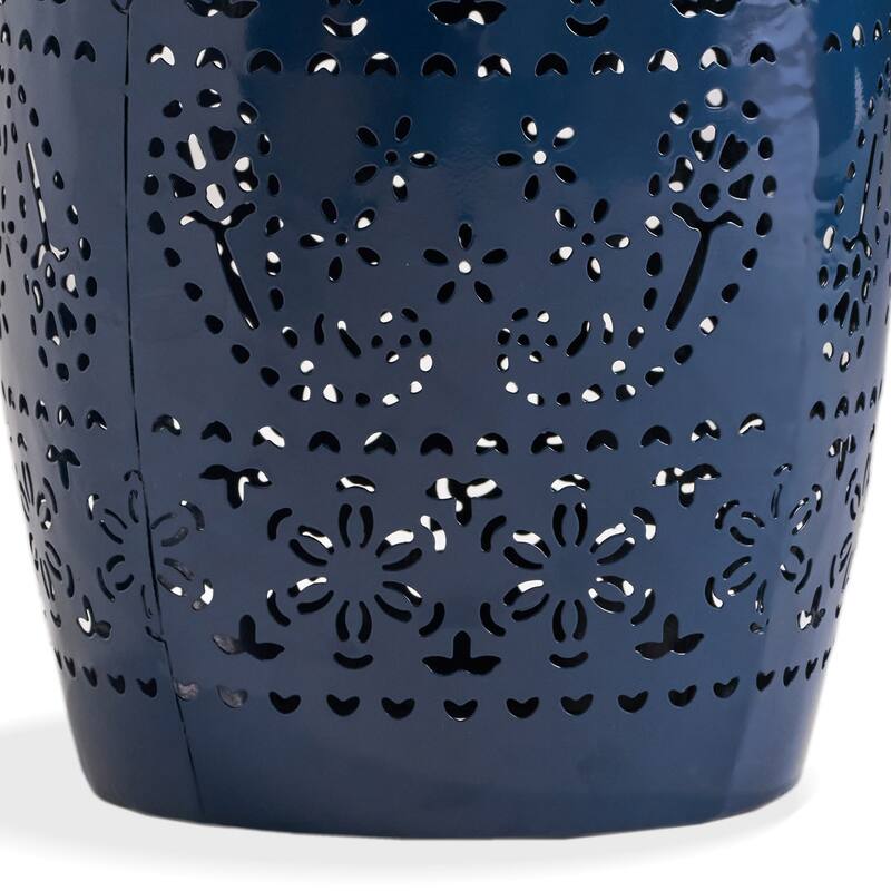 Glena Side End Table, Barrel Shape Lace Cut Design, Blue Iron 12 Inch