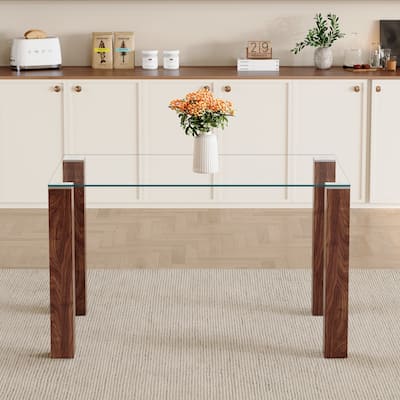 49.6 x 30" Rectangular Dining Table – Tempered Glass Top with Walnut-Finish MDF Wood Grain Legs, Minimalist & Versatile Design‌