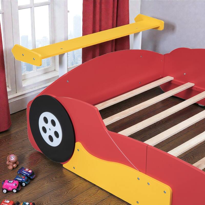 Race Car Platform Bed with Wheels, Kids Car-Shaped Bed Frame with Safety Rails