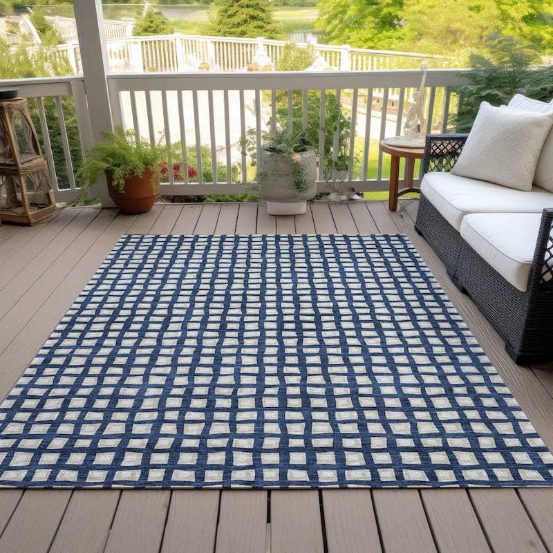 Machine Washable Indoor/ Outdoor Chantille Squares Rug - Blue - 9' x 12'