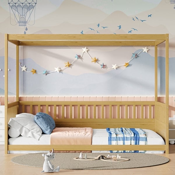 slide 2 of 10, Full Size Modern Wooden Canopy Floor Bed Frame with Guardrails