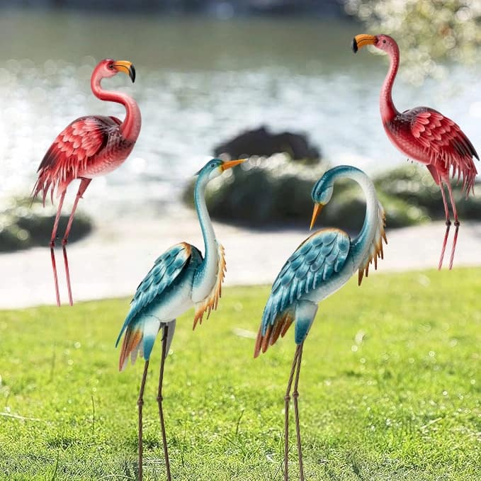Glitzhome Metal Standing Crane Flamingo Garden Statue with Stakes Yard Art Sculpture Porch Decor