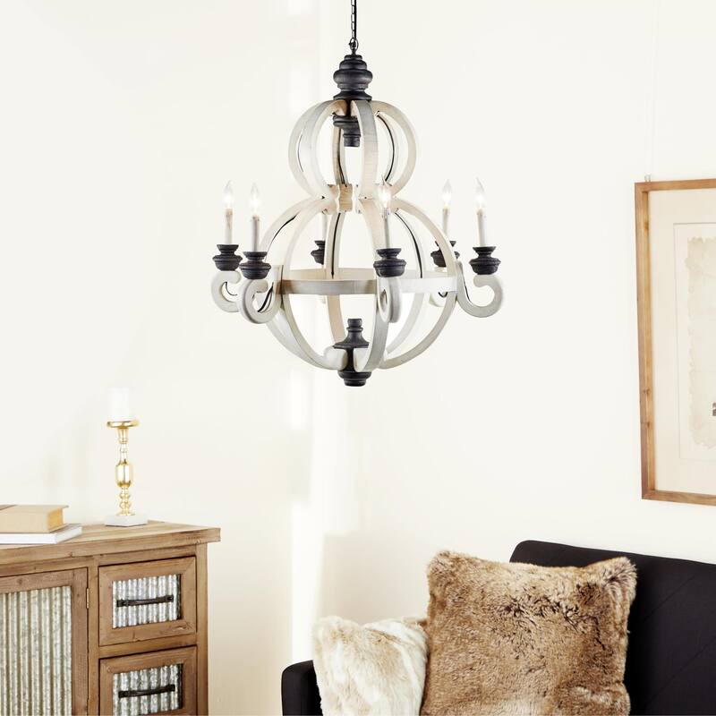 Wood Caged Style 6 Light Chandelier with Link Style Chain - White - Roche River Decor - 33"W x 33"L x 36"H
