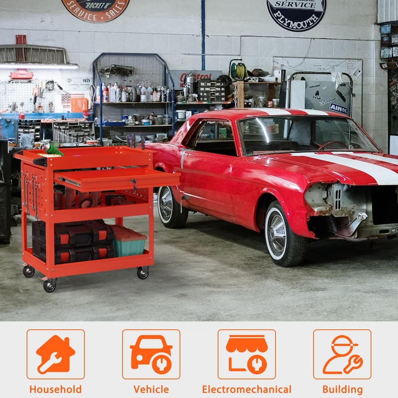 3-Tier Rolling Tool Cart on Wheels for Mechanics with Utility Drawer