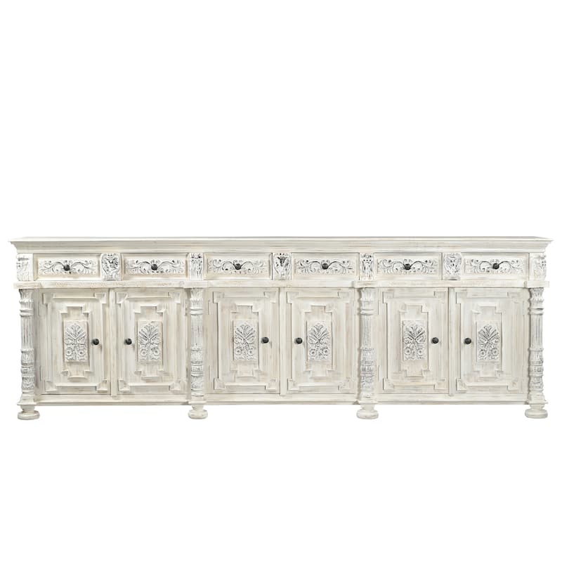 HomeRoots 118" White Distressed Solid Wood Carved Floral Six Drawer Sideboard with Six Doors