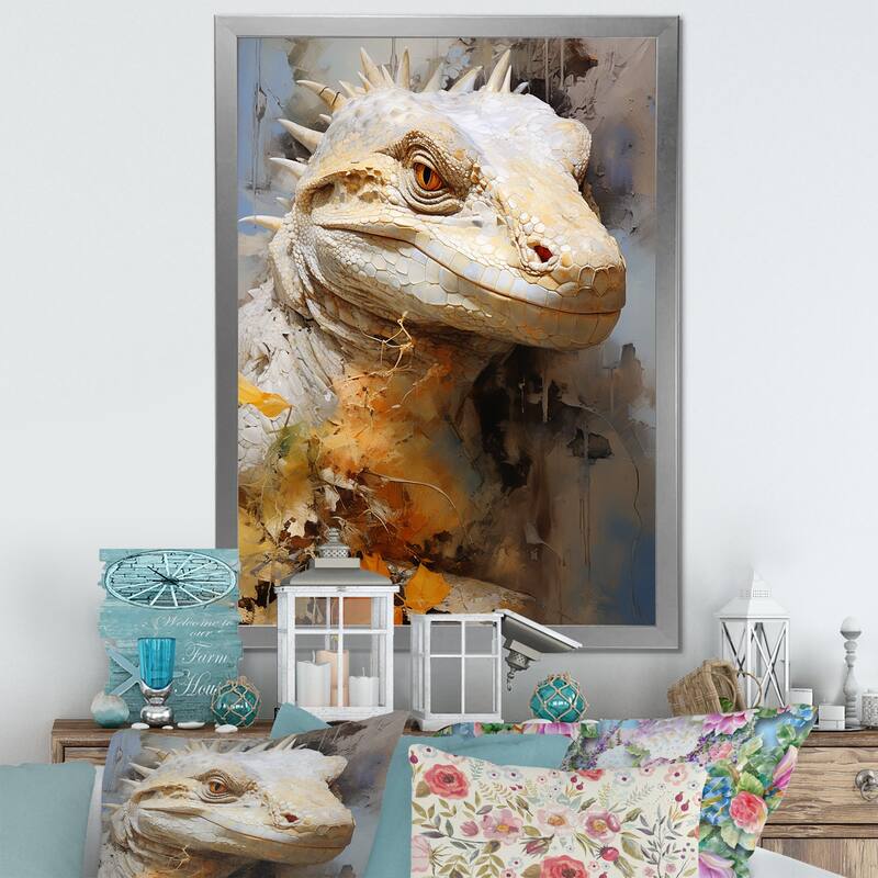 Designart "Curious Reptile Amphibian I" Reptile/Amphibian Framed Canvas Wall Art - 12 in. wide x 20 in. high - Silver