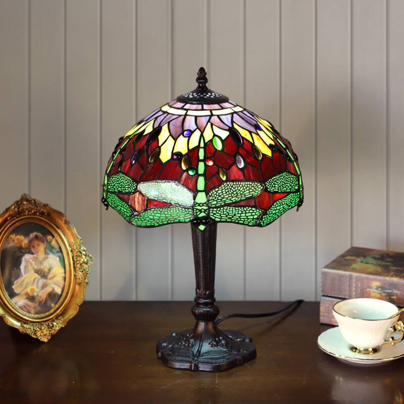 Platrise Dragonfly Tiffany Glass Shade Red Green with Bronze Base