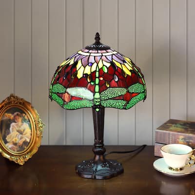 Platrise Dragonfly Tiffany Glass Shade Red Green with Bronze Base