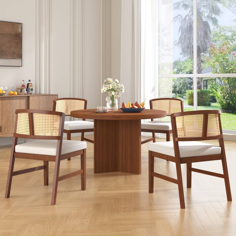 Rattan Dining Chairs Set of 2, Armless Dining Chairs Upholstered Kitchen Side Chairs with Curved Rattan Back, Hardwood Frame