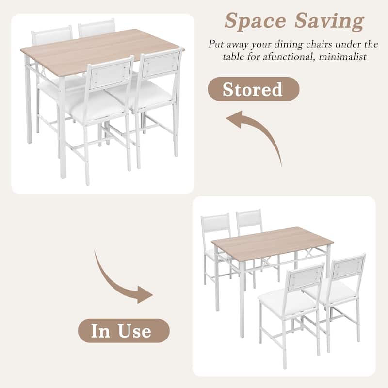 Javlergo 5-Piece White Frame Dining Set with Oak MDF Top PU Leather Chairs with Foam Padding Space Saving for Small Spaces