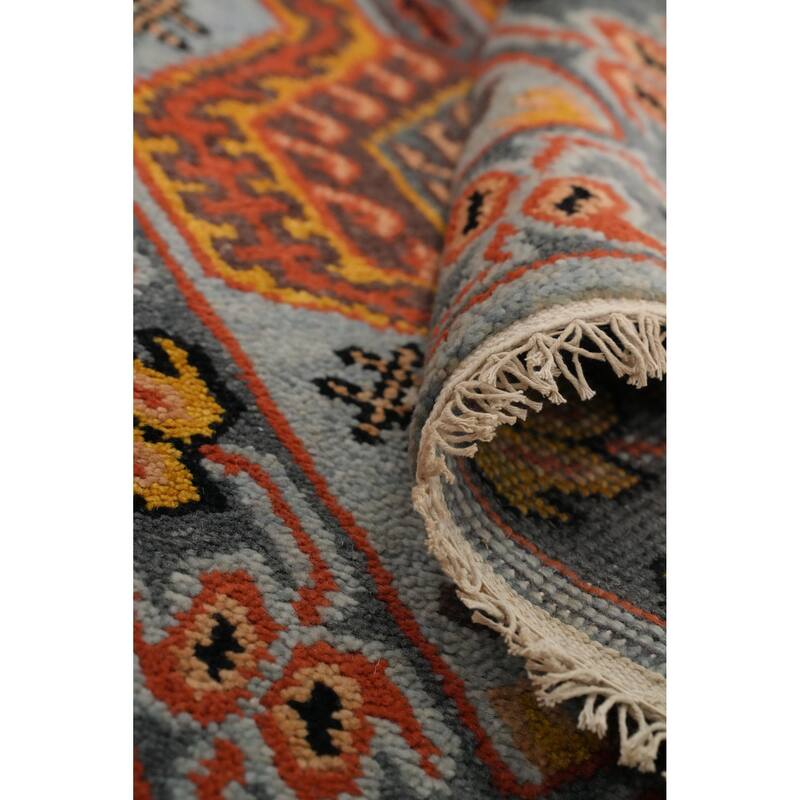 Hand Knotted Oriental 100% Wool Carpet Traditional Geometric Navy Blue & Blues Kazak Runner Rug - 10' 0'' X 2' 7''