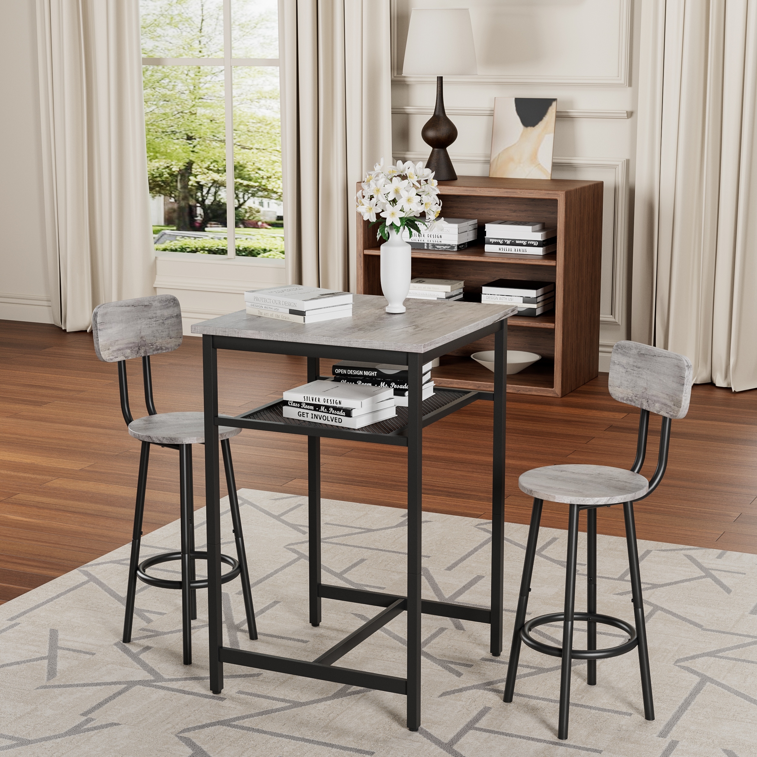 Grey 3-Piece Counter Height Table & Chairs Set with 2 Foldable Stools, Chic Bar Stools with Non-Slip Feet