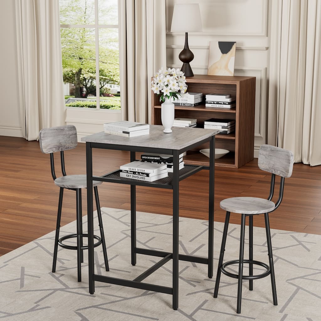 Grey 3-Piece Counter Height Table & Chairs Set with 2 Foldable Stools, Chic Bar Stools with Non-Slip Feet