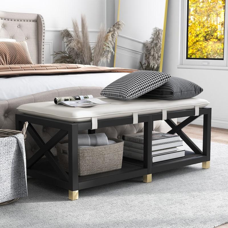 Transitional Wood Storage Bench with Removable Faux Leather Cushions by Furniture of America - Cream