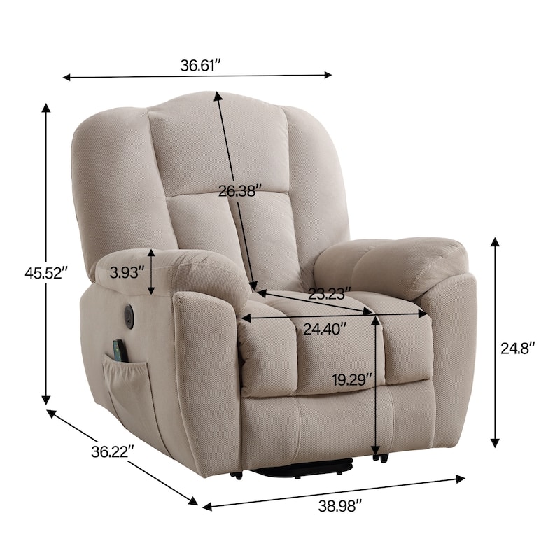 Grey Lift Recliner for Seniors with Heated Massage, USB Port, Side Pockets, and Durable Fabric Upholstery
