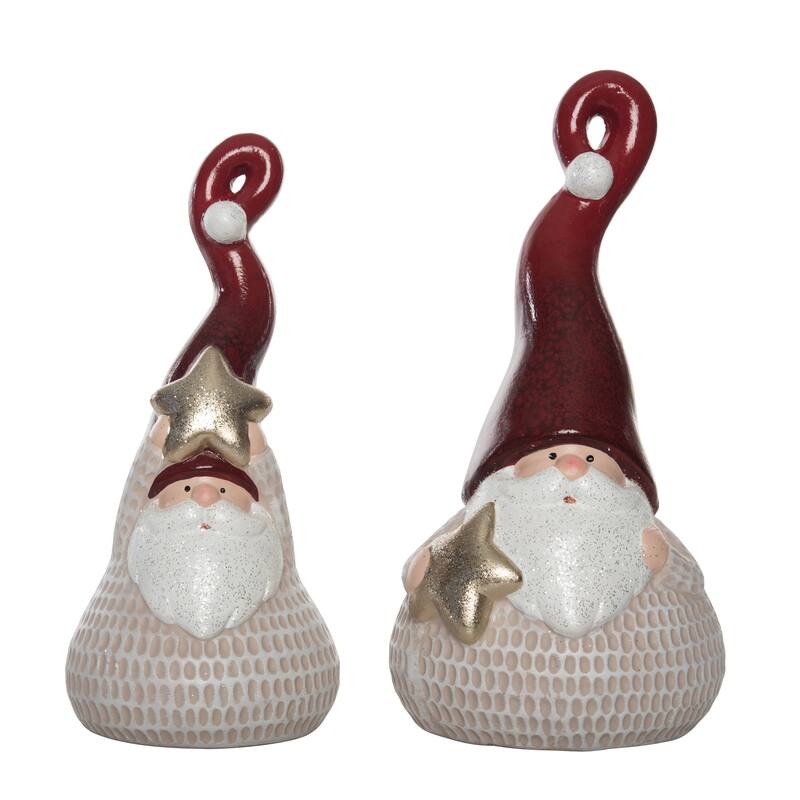 Transpac Ceramic 11.5 in. Multicolor Christmas Cute Santa with Tall Hat Figurine Set of 2