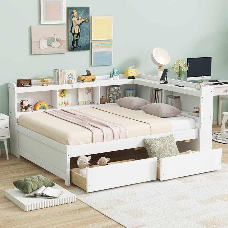 Wooden Platform Sofa Bed Frame with L Shaped Bookcase and Charging Station, Living Room Corner Daybed with 2 Storage Drawers