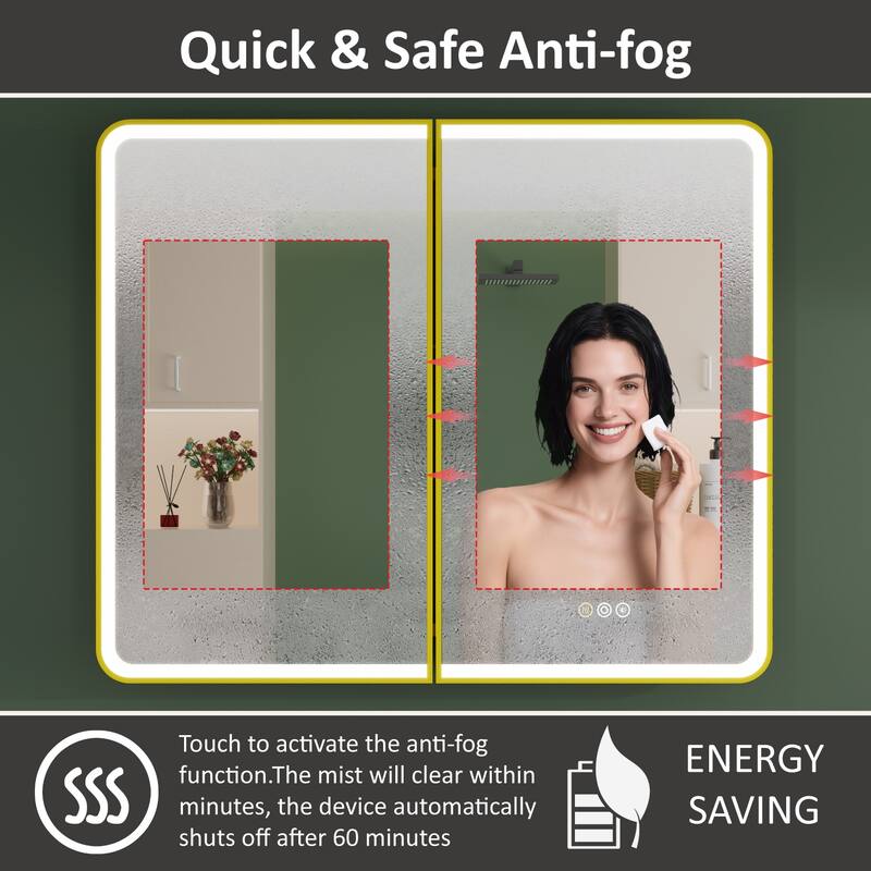 32 in. W x 30 in. H Rectangular Iron Recessed/Surface Medicine Cabinet with Mirror, Anti-Fog, Fixed Iron Shelves, Gold