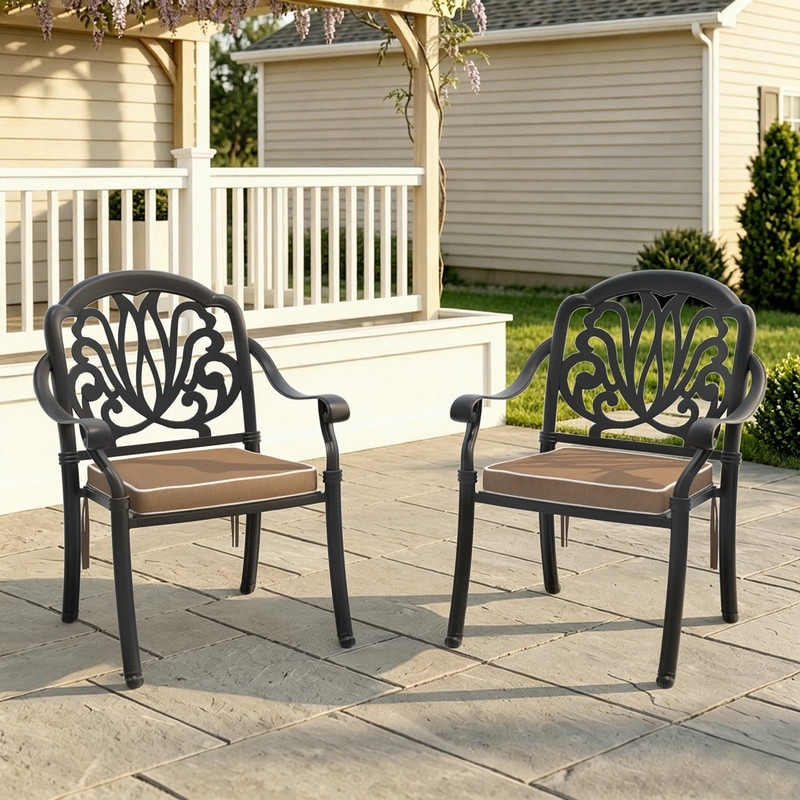 Patio Petal Pattern Cast Aluminum Stackable Dining Chairs, Set of 2 with Cushions