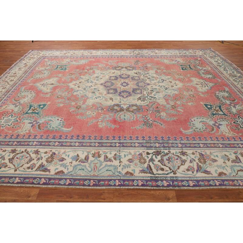 Distressed Tabriz Vintage Area Rug Handmade Wool Carpet - 9'8" x 12'8"