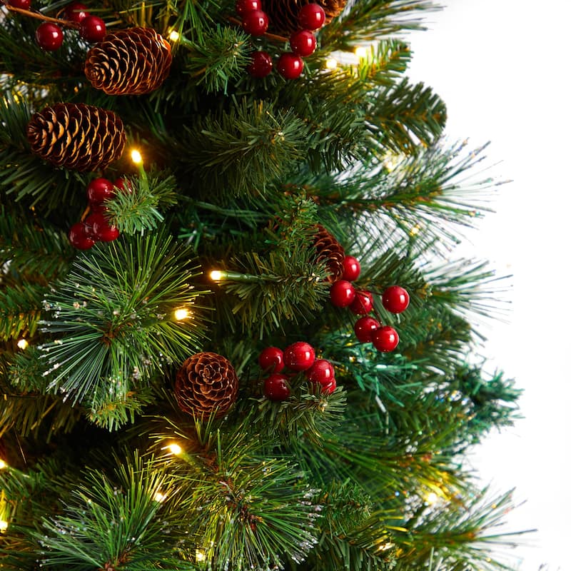 5ft. Flat Back Pine Artificial Christmas Tree with Pinecones, Berries & 110 Warm White Lights - Space-Saving Holiday X-Mas Tree