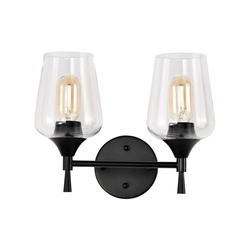 Matte Black 2-Light Modern Vanity Light with Clear Wine Glass Shades
