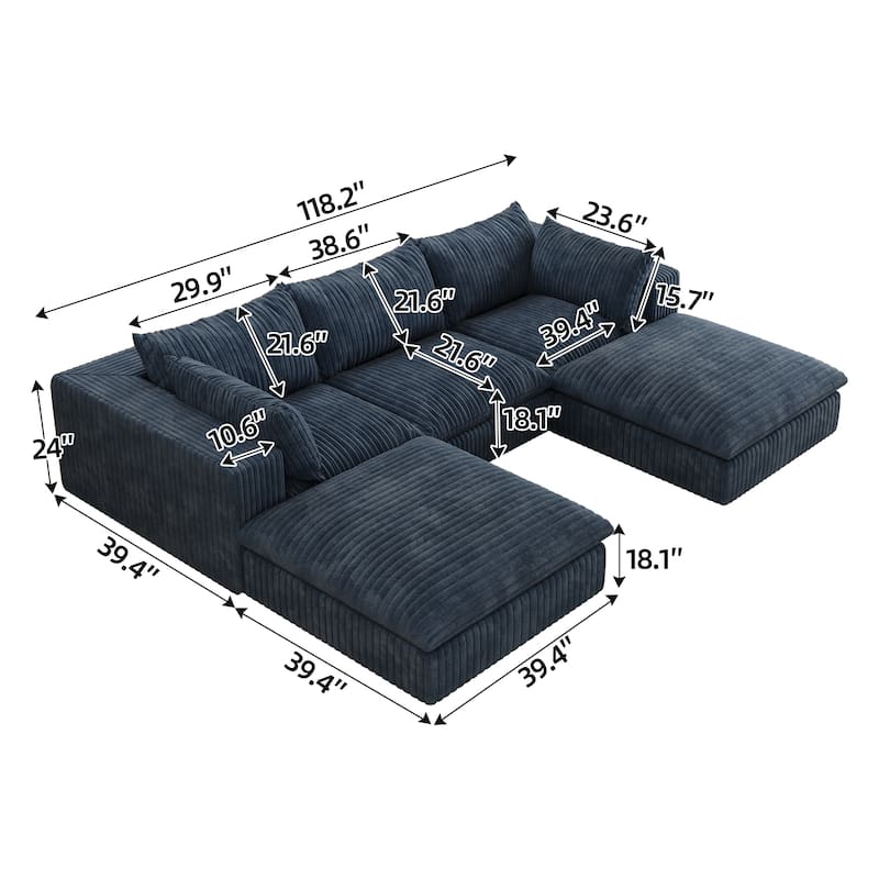 Modular Deep Seat Couch U-shaped Sectional Sofa with Chaise Lounge Corduroy Upholstered Sleeper Sofa Bed with Ottomans