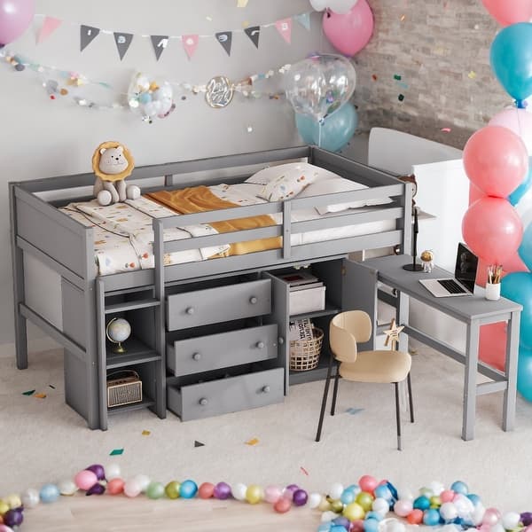 slide 2 of 10, Twin Size Kids Twin Loft Bed With Multifunction Low Loft Bed With Pull-Out Desk, Drawers, Cabinet,and Shelves for Grey Color Grey - Twin