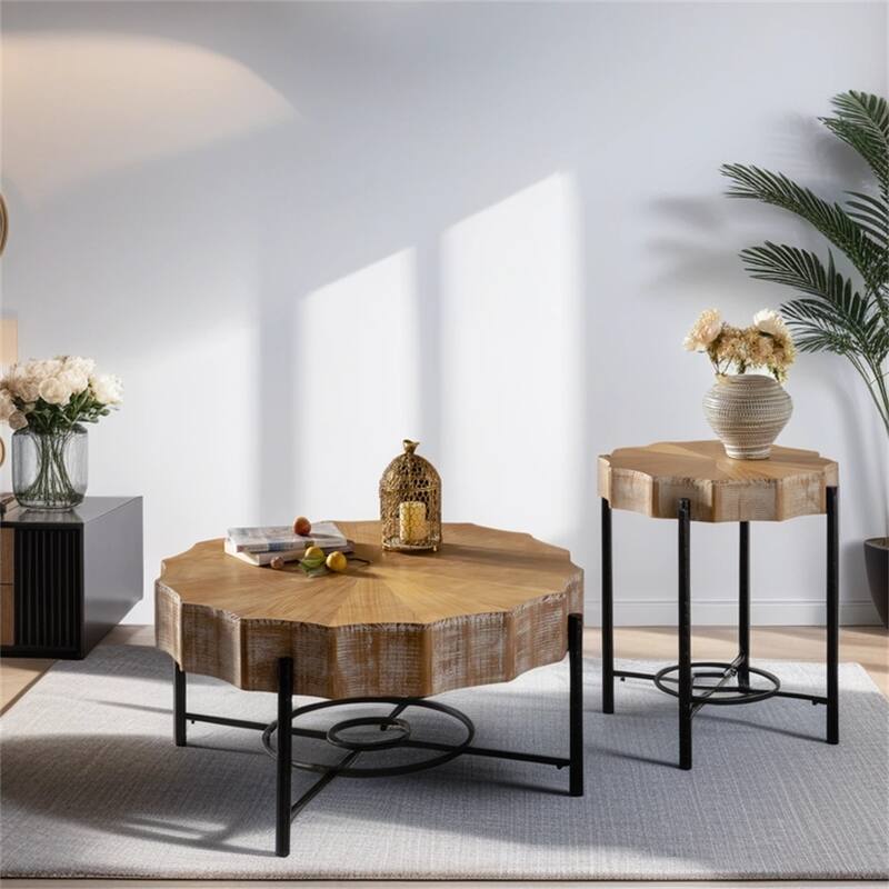 Vintage Splicing Coffee Table with Wood Top and Metal Legs (Set of 2)