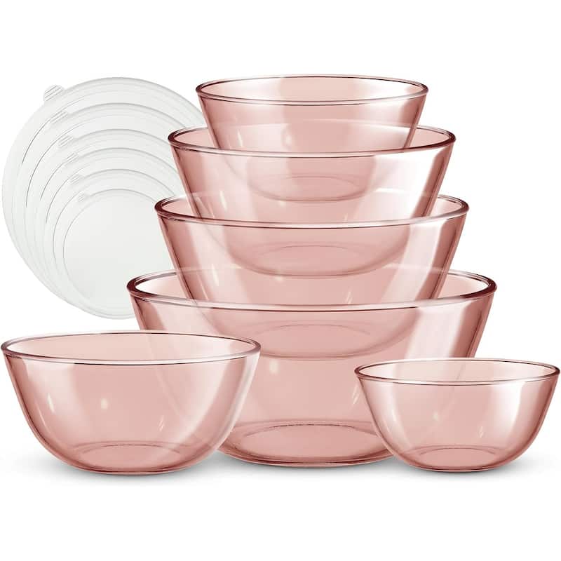 COOK WITH COLOR 12 Pc Glass Nesting Mixing Bowl Set with Lids for Cooking and Prep - Colored Pink