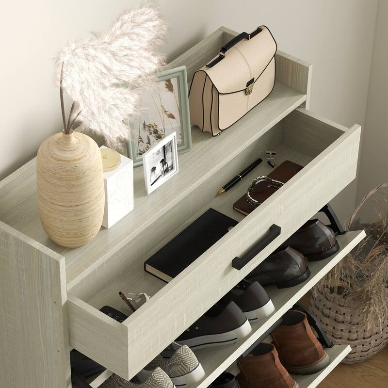 HOMCOM 2 Flip Drawers Shoe Storage Cabinet with Adjustable Shelves, and Top Drawer