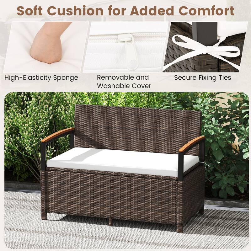 Gymax Outdoor Storage Bench w/Cushion Backrest & Acacia Wood Armrests