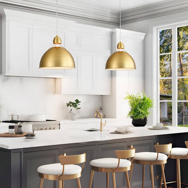 1-Light 14" Modern Brushed Gold Bowl Dome Pendant Light for Kitchen Island - Brushed Gold - 14 in. W x 12.8 in. H