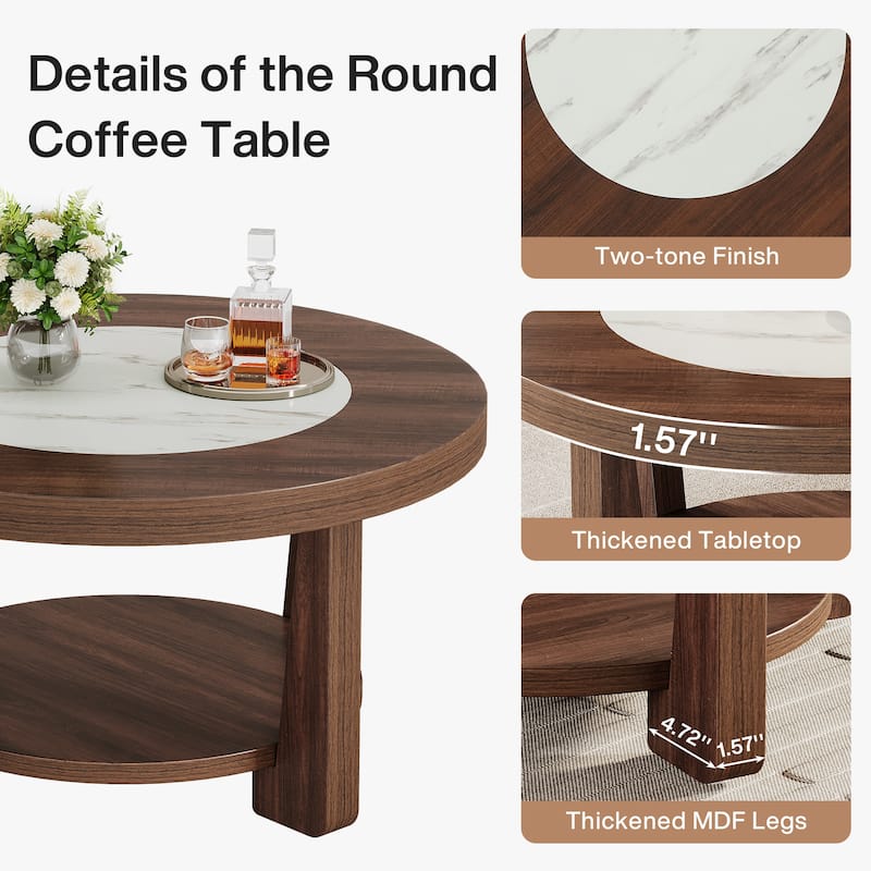 31.5-inch Industrial Wooden Round Coffee Table for Living Room