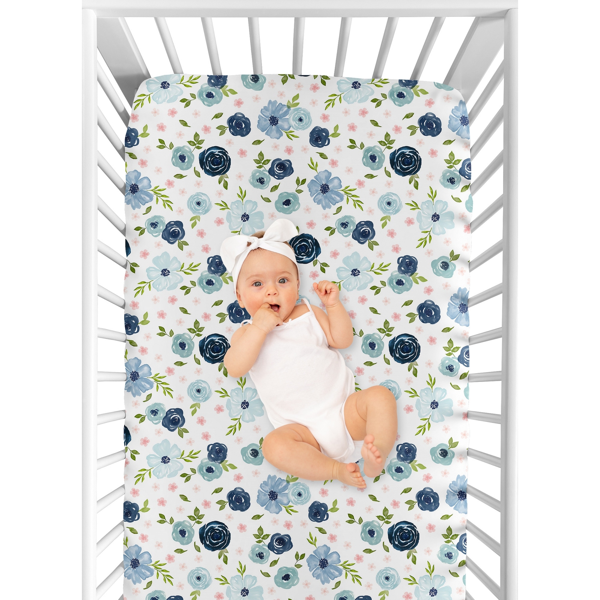 Floral Collection Girl Jersey Knit Fitted Crib Sheet Navy Blue and