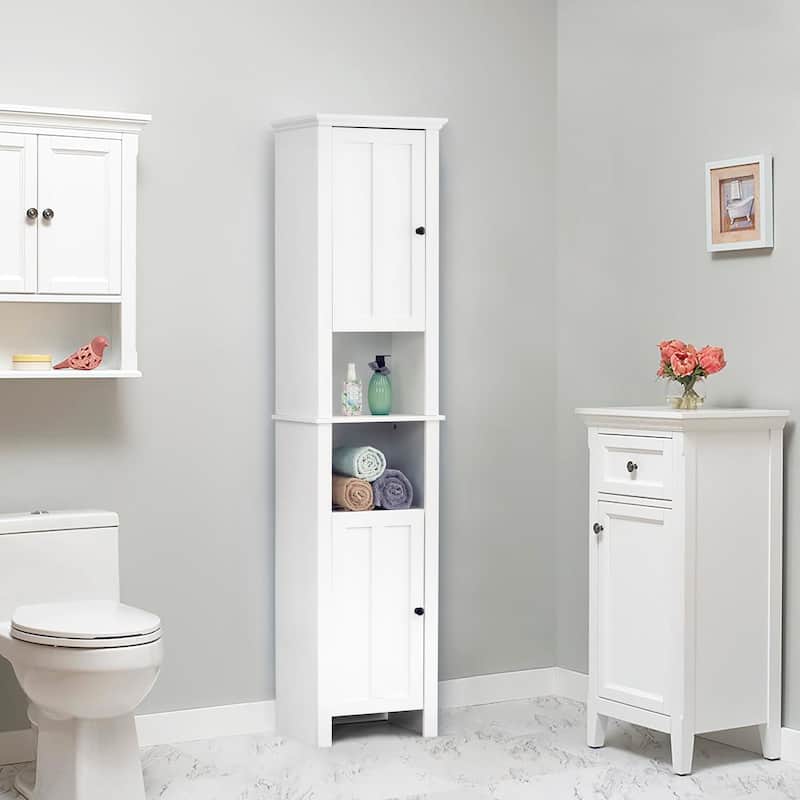 White MDF Wood 67-Inch Tall Tower Bathroom Linen Cabinet