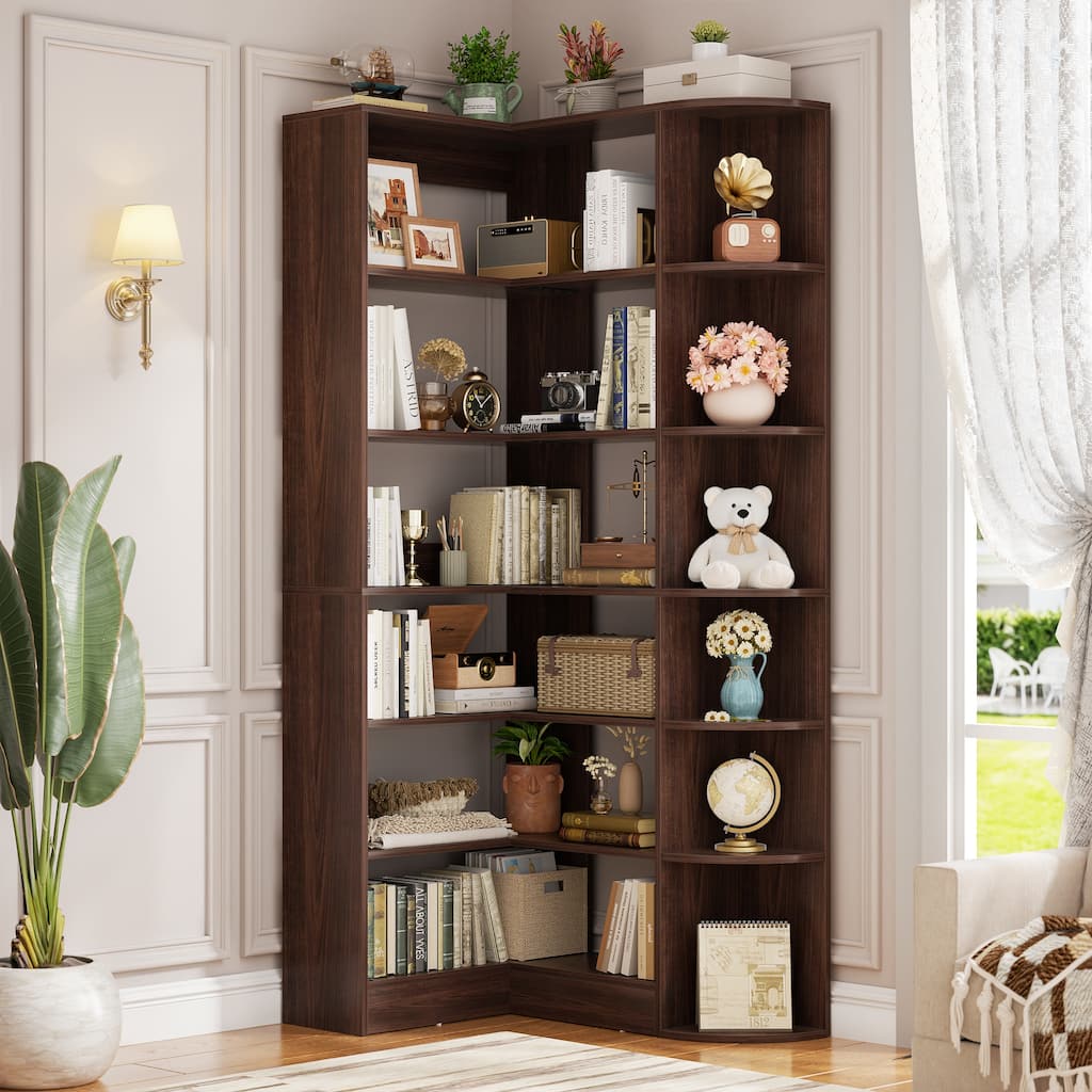 7-Tier Corner Bookshelf, 71" H Freestanding L-Shaped Book Shelf with Baffle, Corner Open Display Shelf Bookcase