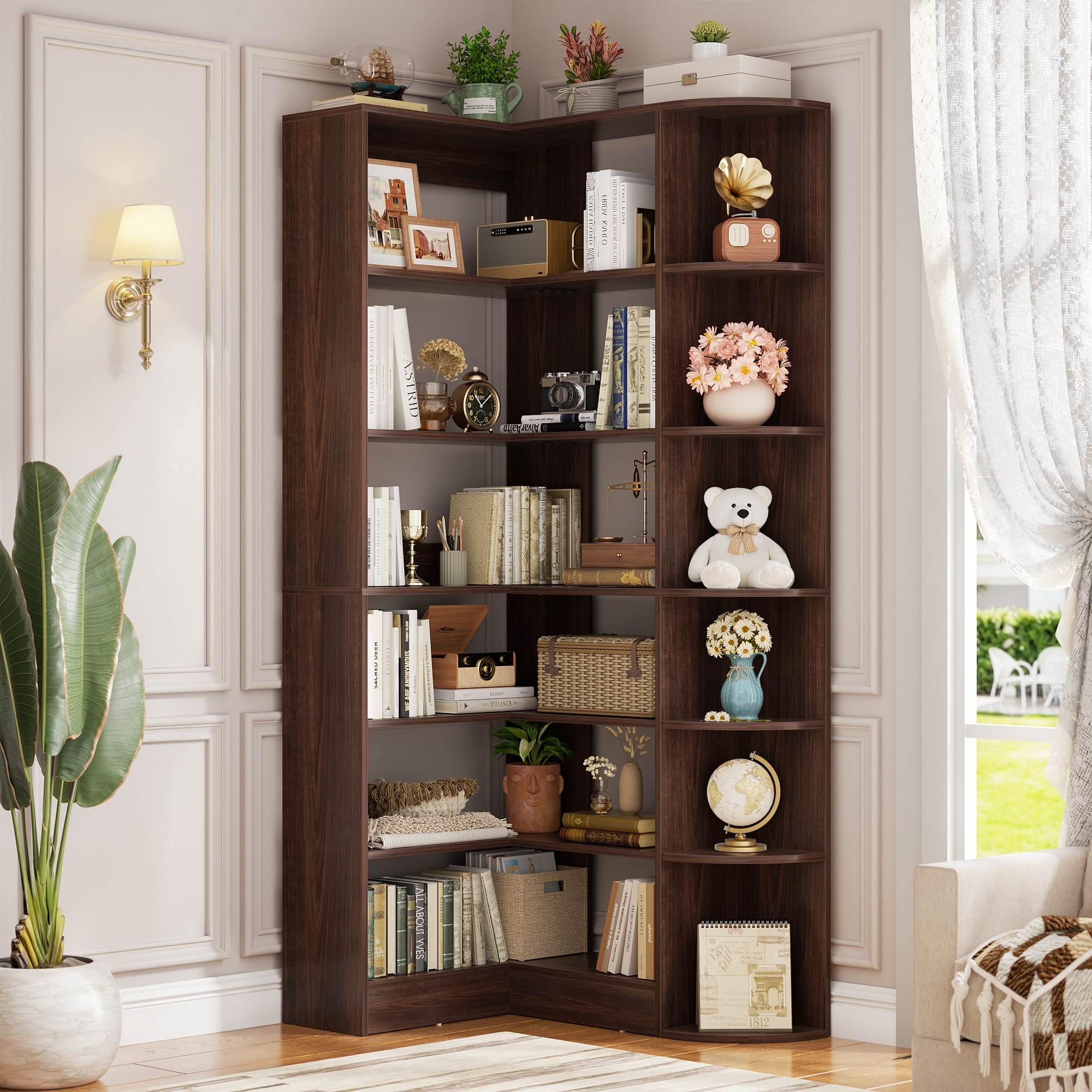 7-Tier Corner Bookshelf, 71" H Freestanding L-Shaped Book Shelf with Baffle, Corner Open Display Shelf Bookcase