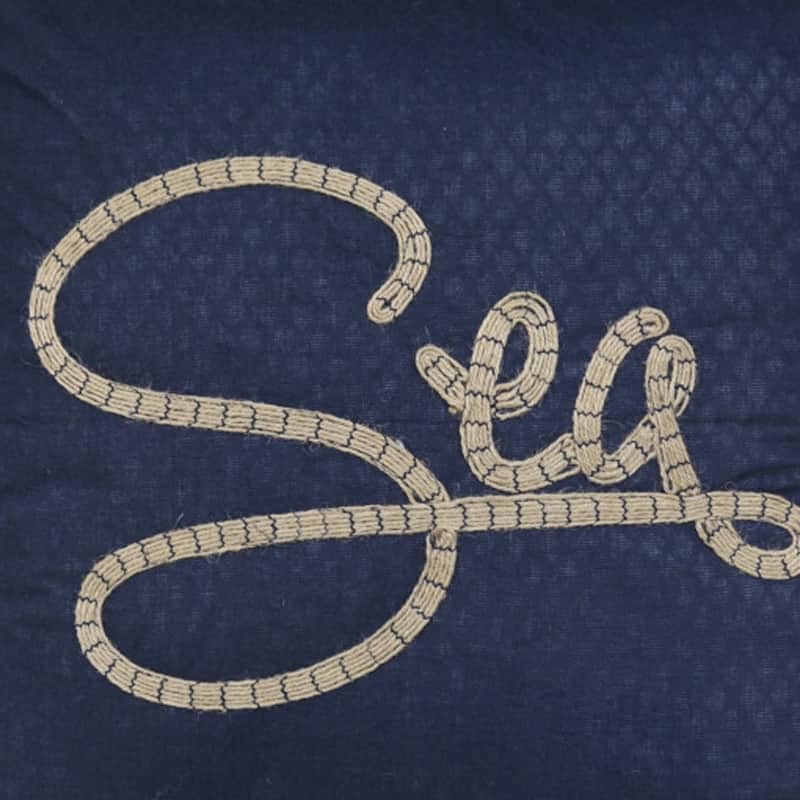 HomeRoots 17" X 17" Navy Blue And Brown Text Zippered Polyester And Burlap Blend Throw Pillow With Embroidery