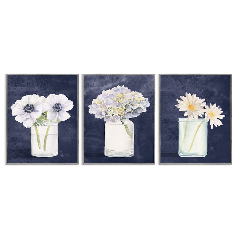 Stupell Farmhouse Flower Bouquets Navy Blue White Painting,3pc,3pc Multi Piece Framed Wall Art Set - 24 x 30 - Grey