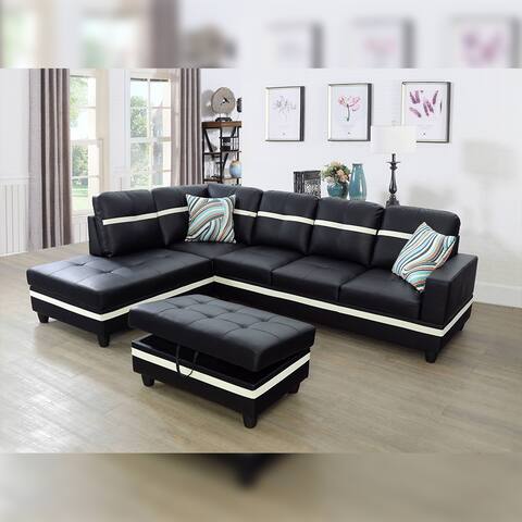 Sectional Sofa Set w/ Ottoman, Black with White Stripe