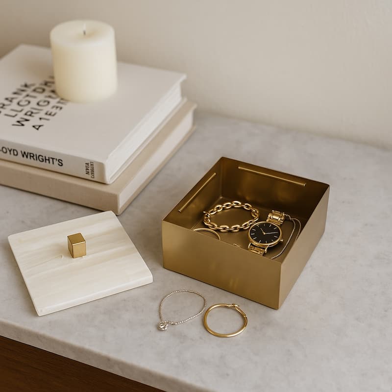 Decorative Box with Stone Lid - 6", White & Gold - 6.25"