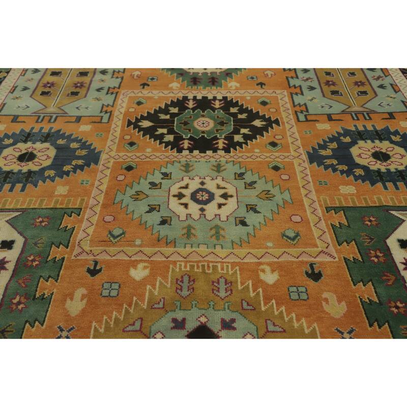 Hand-knotted Traditional Wool Orange Geometric Oriental Area Rug - 12' 0'' X 9' 2''