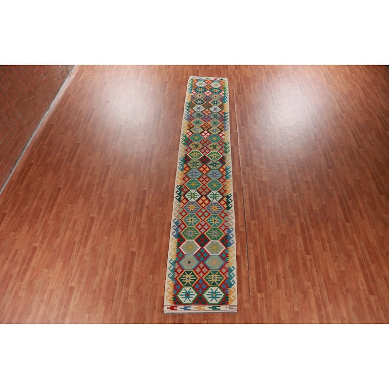 Multicolored Kilim Runner Rug Hand-Woven Geometric Wool Carpet - 2'10" x 16'0"